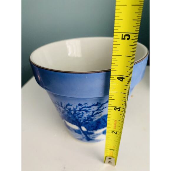 VintageCurrier & Ives The Old Homestead In Winter Ceramic Planter Pot Blue White - Picture 10 of 11
